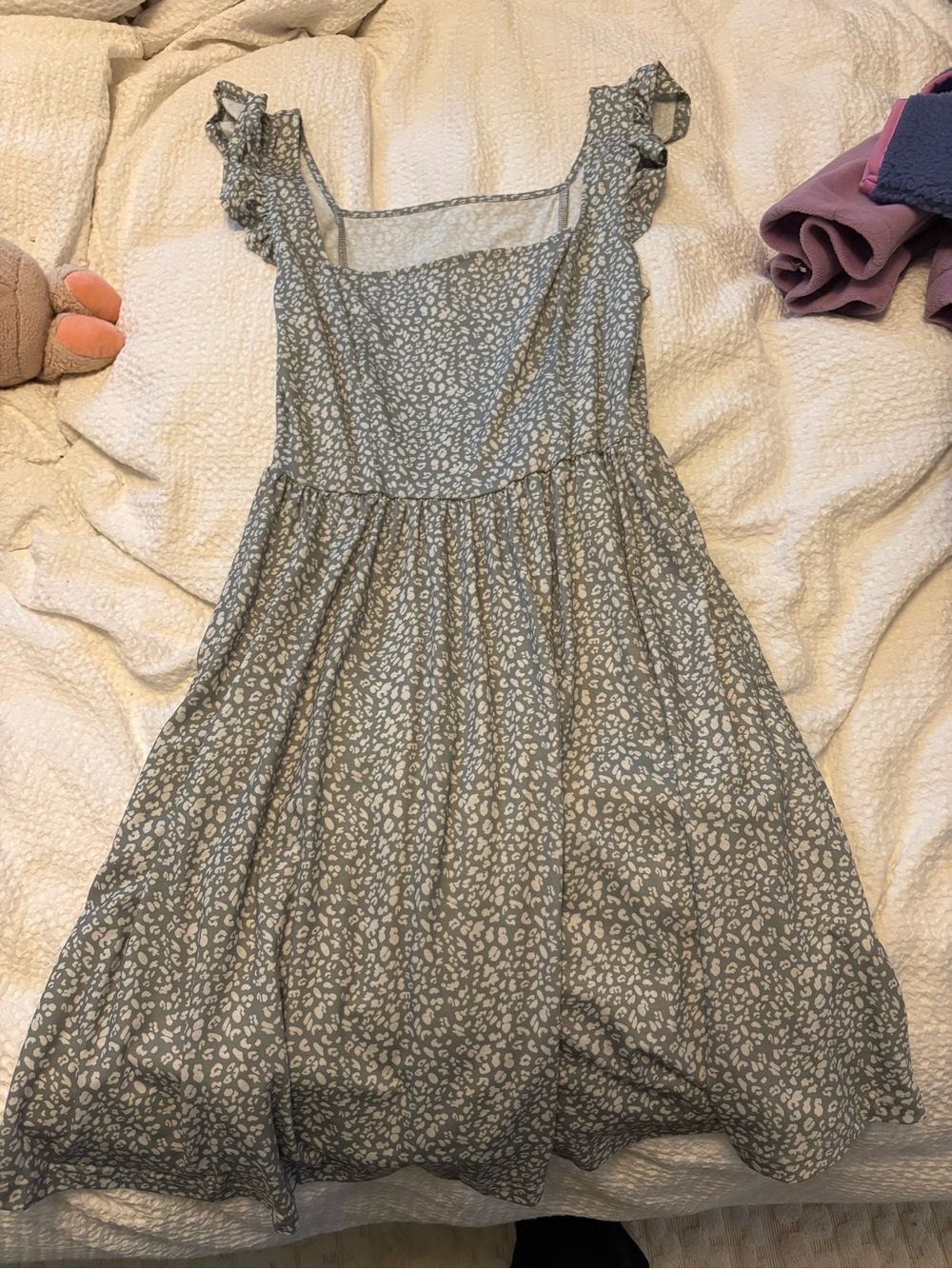 Square Neck Ruffle Strap Sundress in Sage Leopard Print